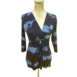 Sweet Pea navy blue tie dye v neck sheer netting blouse top 3/4 sleeve sz large